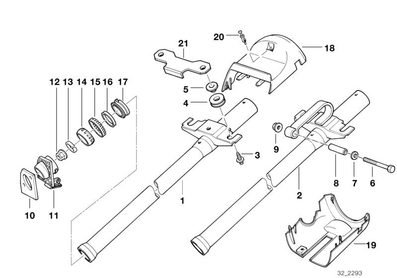 Picture board FIXED STEERING COLUMN TUBE for the BMW Classic parts  Original BMW spare parts from the electronic parts catalog (ETK) for BMW motor vehicles (car)   Clamp, Fracture bolt, Gasket, Guide bush, Hex Bolt, Housing, JOINT LINK BALL, JOINT LINK PA