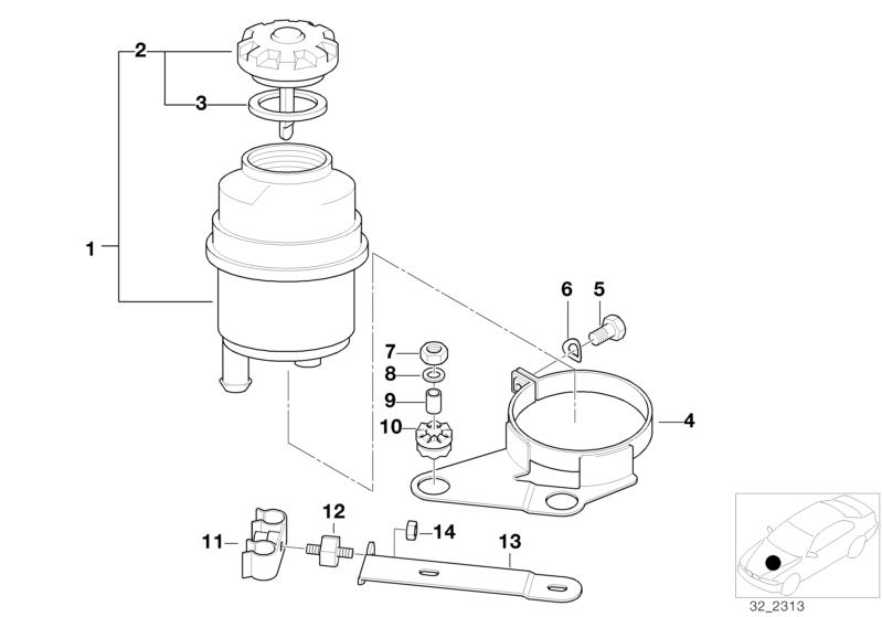 Bildtafel Ölbehälter / Einzelteile für die BMW Z Modelle  Original BMW Ersatzteile aus dem elektronischen Teilekatalog (ETK) für BMW Kraftfahrzeuge( Auto)    Deckel, Dichtring, Distanzhülse, Gummilager, Halter Ölbehälter, Ölbehälter, Sechskantmutter selbs