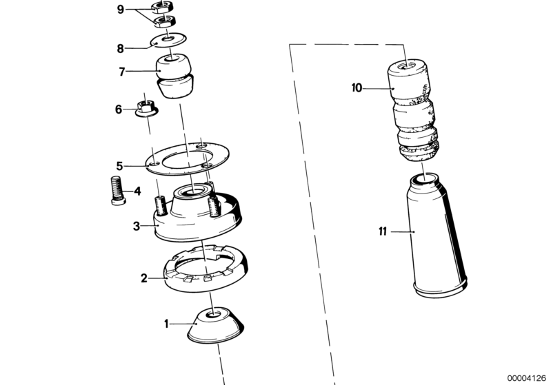 Bildtafel Stützlager/Federunterlage/Anbauteile für die BMW Classic Teile  Original BMW Ersatzteile aus dem elektronischen Teilekatalog (ETK) für BMW Kraftfahrzeuge( Auto)    Bolzen, Bundmutter selbstsichernd, Dämpfer, Dämpfungsring, Gummilager, Schutzrohr