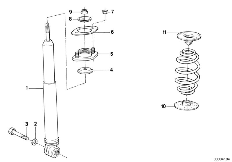 Picture board SINGLE COMPONENTS FOR REAR SPRING STRUT for the BMW Classic parts  Original BMW spare parts from the electronic parts catalog (ETK) for BMW motor vehicles (car)   Guide support, Plate, Self-locking collar nut, Self-locking hex nut, SPRING PA