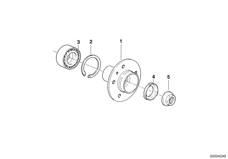 Bildtafel Hinterachswelle/Radlagerung für die BMW Z Modelle  Original BMW Ersatzteile aus dem elektronischen Teilekatalog (ETK) für BMW Kraftfahrzeuge( Auto)    Bundmutter, Mitnehmerflanschnabe, Schrägkugellager, Sicherungsblech, Sicherungsring