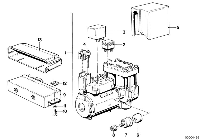 Bildtafel Antiblockiersystem-Steuergerät für die BMW Classic Teile  Original BMW Ersatzteile aus dem elektronischen Teilekatalog (ETK) für BMW Kraftfahrzeuge( Auto)    Abdeckkappe, Bundmutter selbstsichernd, Gummilager, Lagerung, Relais Elektr.Motor, Rela