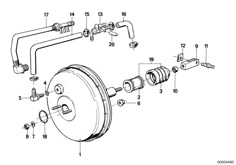 Illustration du Servo frein à dépression pour les BMW Classic parts  Pièces de rechange d'origine BMW du catalogue de pièces électroniques (ETK) pour véhicules automobiles BMW (voiture)   Brake servo unit, Clamp, Connector, FORKHEAD, Gasket, Hex nut, Hose