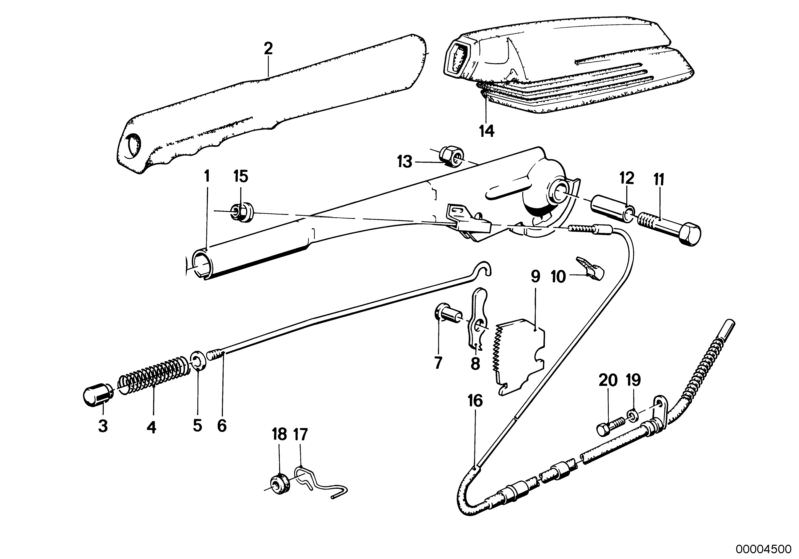 Bildtafel Feststellbremse/Betätigung für die BMW Classic Teile  Original BMW Ersatzteile aus dem elektronischen Teilekatalog (ETK) für BMW Kraftfahrzeuge( Auto)    Aufhängehaken, Distanzhülse, Druckfeder, Druckknopf, Druckstange, Federscheibe, Führung, Gr