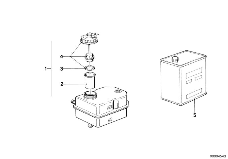 Picture board Expansion tank for the BMW Classic parts  Original BMW spare parts from the electronic parts catalog (ETK) for BMW motor vehicles (car)   Brake fluid DOT4 LV, low viscosity, CAP WITH WARNING SWITCH, Expansion tank, Gasket, STRAINER TUBE