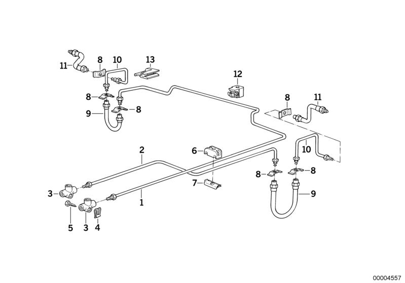 Picture board BRAKE PIPE REAR ABS for the BMW Classic parts  Original BMW spare parts from the electronic parts catalog (ETK) for BMW motor vehicles (car)   Body nut, Brake hose rear, BRAKE PIPE BRACKET, Clamp, Clip, Hex head screw, Holder, Intermediate p