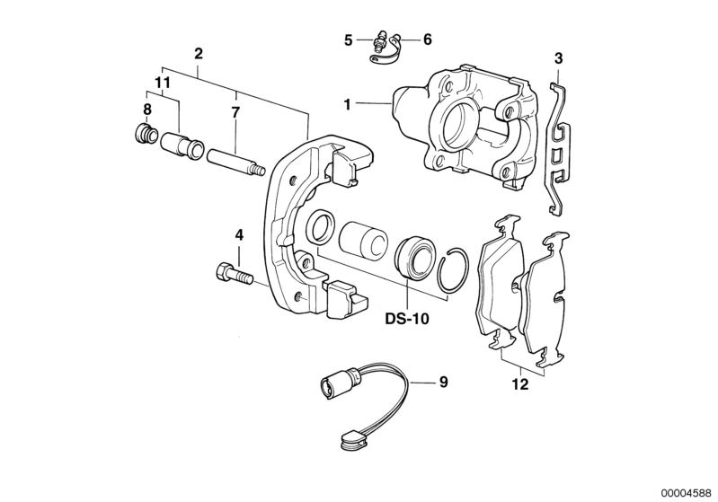 Picture board Front wheel brake, brake pad sensor for the BMW 7 Series models  Original BMW spare parts from the electronic parts catalog (ETK) for BMW motor vehicles (car)   Bleeder valve, Brake pad wear sensor, CALIPER HOUSING RIGHT, Calliper carrier ri