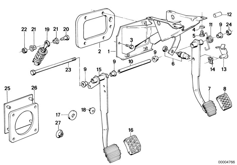 Picture board PEDALS/STOP LIGHT SWITCH for the BMW Classic parts  Original BMW spare parts from the electronic parts catalog (ETK) for BMW motor vehicles (car)   Bush bearing, Cap, Clamp, CLUTCH PEDAL, Clutch pedal stop buffer, Compression spring, Fit bol