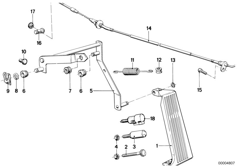 Picture board ACCELERATOR PEDAL/BOWDEN CABLE for the BMW Classic parts  Original BMW spare parts from the electronic parts catalog (ETK) for BMW motor vehicles (car)   ACCELERATOR PEDAL ASSY, Bowden cable, Bush bearing, Circlip, Clutch pedal stop buffer, 