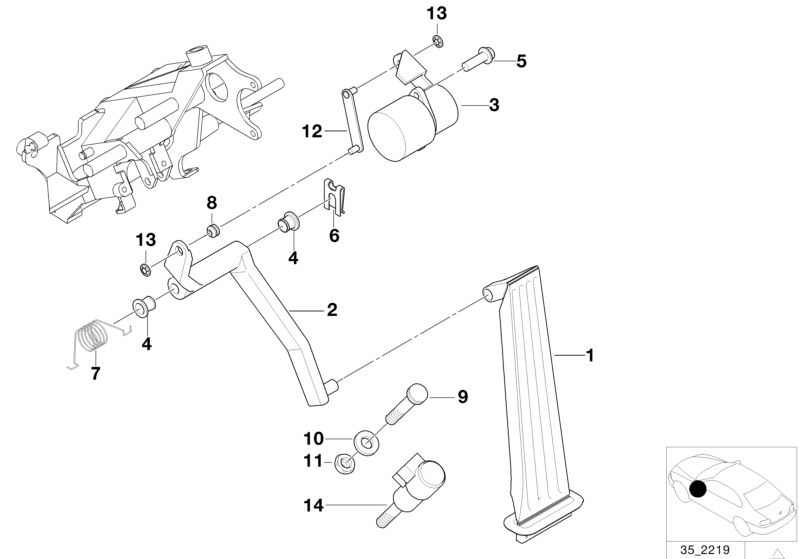 Picture board ACC.PEDAL/ACCELER. PEDAL ASSY-POTENTIOM. for the BMW 7 Series models  Original BMW spare parts from the electronic parts catalog (ETK) for BMW motor vehicles (car)   ACCELERATOR PEDAL ASSY, Axial securing clip, Bush, Bush bearing, Connection