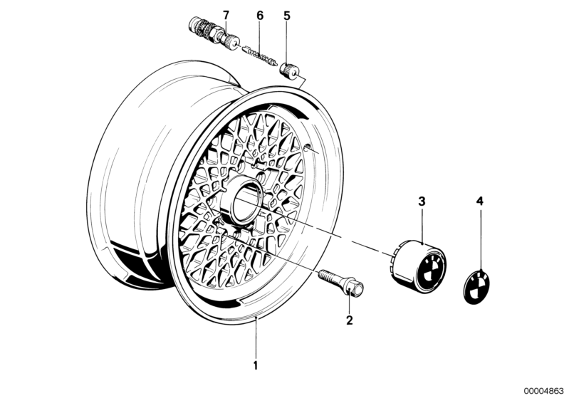 Picture board Light alloy rim for the BMW Classic parts  Original BMW spare parts from the electronic parts catalog (ETK) for BMW motor vehicles (car)   Hub cap, Plaque with adhesive film, SCREW-IN VALVE, Valve, Valve caps, Wheel bolt black