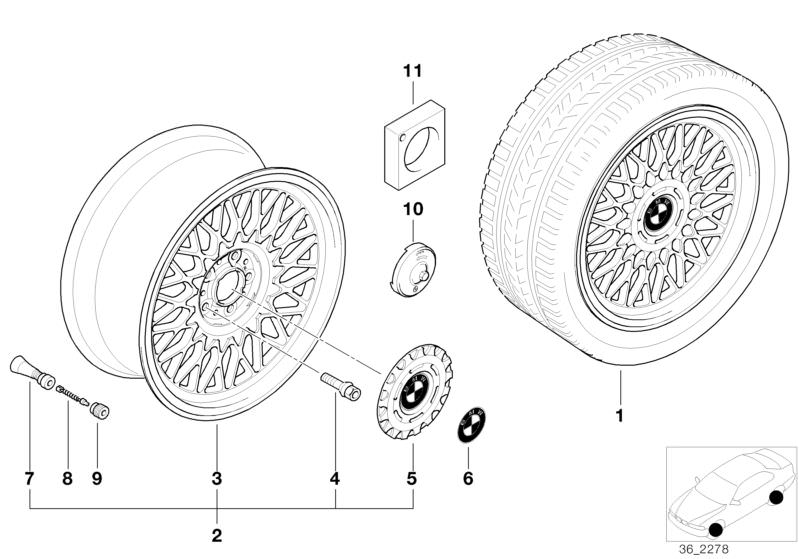 Illustration du CROSS-SPOKE STYLING (STYL.5) pour les BMW 7 Série Modèles  Pièces de rechange d'origine BMW du catalogue de pièces électroniques (ETK) pour véhicules automobiles BMW (voiture)   BMW insignia stamped with adhesive film, Hub cap, HUB CAP WRE