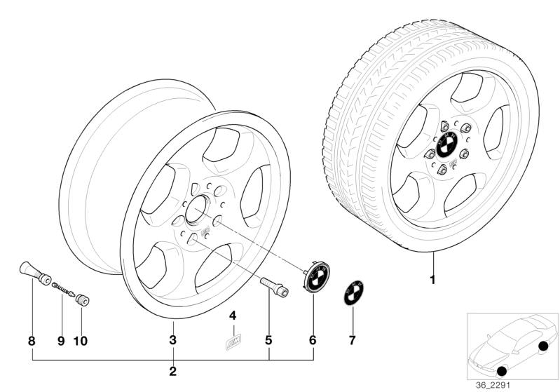 Bildtafel M Kontur (Styl.23) für die BMW Classic Teile  Original BMW Ersatzteile aus dem elektronischen Teilekatalog (ETK) für BMW Kraftfahrzeuge( Auto)    Gummiventil, M Plakette, Nabenabdeckung mit Chromrand, Radschraube Schwarz, Scheibenrad Leichtmetal