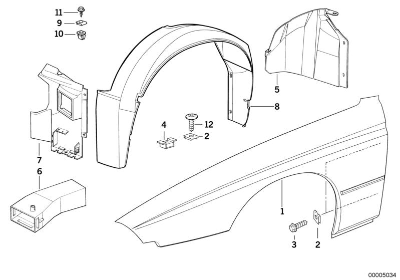 Picture board Side panel, front for the BMW Classic parts  Original BMW spare parts from the electronic parts catalog (ETK) for BMW motor vehicles (car)   Air duct, right, Body nut, Covering right, Expanding nut, Hex head screw, PRESTOL-CAGE, Side panel, 