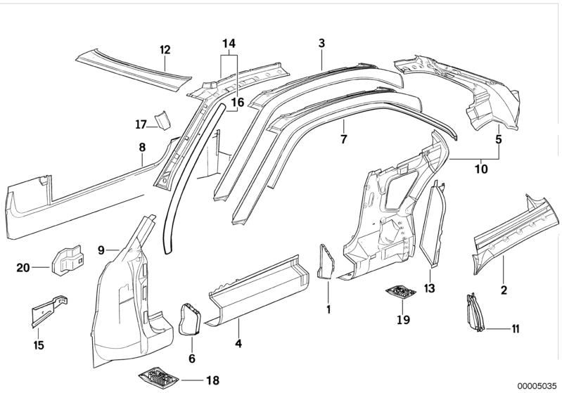 Picture board BODY-SIDE FRAME for the BMW Classic parts  Original BMW spare parts from the electronic parts catalog (ETK) for BMW motor vehicles (car)   BRACKET COVERING WHEEL HOUSING FR. RIGHT, Column A exterior, right, JACK FIXTURE REAR, LATERAL TRIM PA