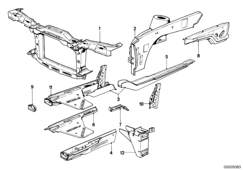 Picture board WHEELHOUSE/ENGINE SUPPORT for the BMW Classic parts  Original BMW spare parts from the electronic parts catalog (ETK) for BMW motor vehicles (car)   Bracket f right front lateral bumper, COVERING PLATE RIGHT, FRONT PANEL, FRONT RIGHT ENGINE 