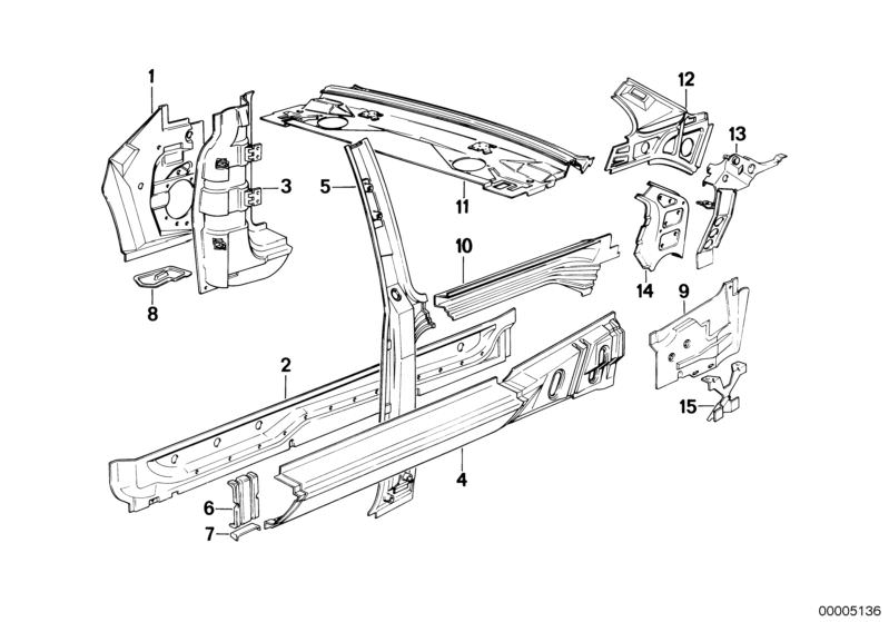 Picture board SINGLE COMPONENTS FOR BODY-SIDE FRAME for the BMW Classic parts  Original BMW spare parts from the electronic parts catalog (ETK) for BMW motor vehicles (car)   BRACKET JACK FIXTURE, Chest strip, right rear, COVERING PLATE RIGHT, Covering ri