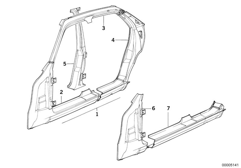 Picture board BODY-SIDE FRAME for the BMW Classic parts  Original BMW spare parts from the electronic parts catalog (ETK) for BMW motor vehicles (car)   COLUMN FRONT LEFT, COLUMN FRONT RIGHT, COLUMN REAR RIGHT, Rocker panel left