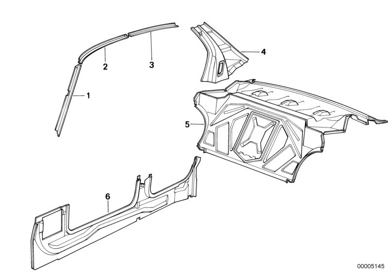 Picture board BODY-SIDE FRAME/PARTITION for the BMW Classic parts  Original BMW spare parts from the electronic parts catalog (ETK) for BMW motor vehicles (car)   CONNECTION PLATE ROOF FRONT RIGHT, Left side member, Partition trunk