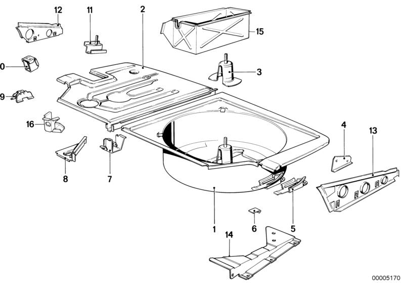 Picture board Mounting parts for trunk floor panel for the BMW Classic parts  Original BMW spare parts from the electronic parts catalog (ETK) for BMW motor vehicles (car)   Bow, BRACKET FOR SPARE WHEEL, BRACKET FUEL TANK FRONT, JACK FIXTURE, PARTITION LE