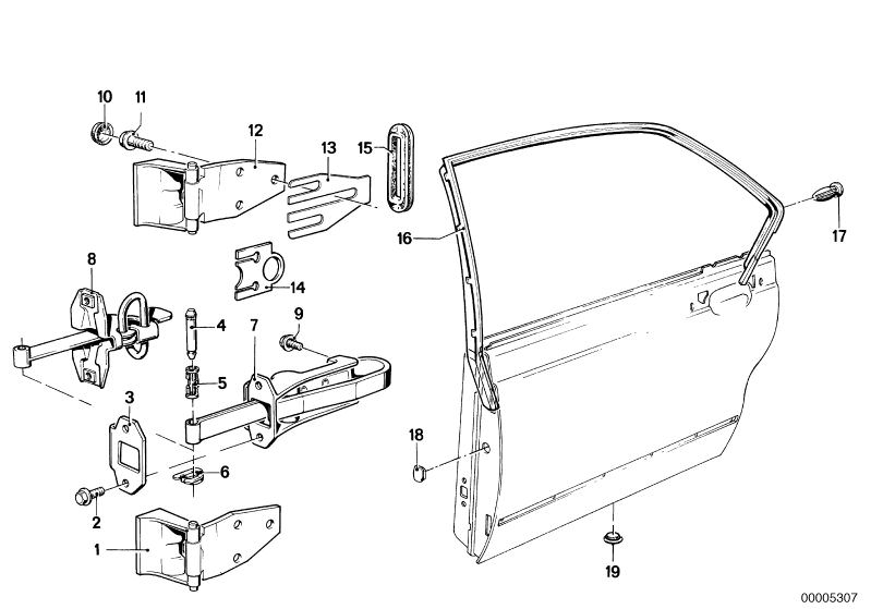 Picture board Rear door - hinge/door brake for the BMW Classic parts  Original BMW spare parts from the electronic parts catalog (ETK) for BMW motor vehicles (car)   Blind plug, Clamp, DOOR BRAKE, Gasket, Hex Bolt, Hex Bolt with washer, HINGE RIGHT, HINGE