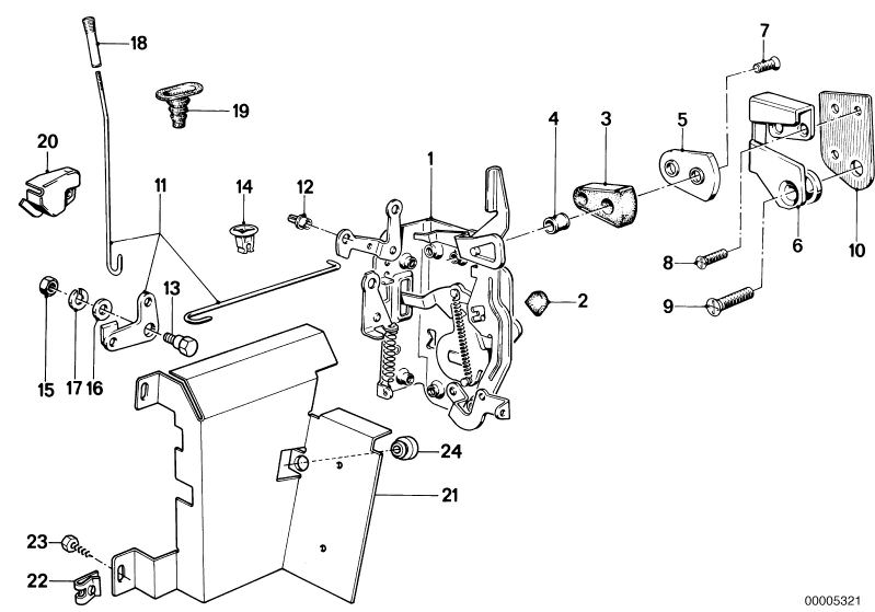 Picture board Locking system, door, rear for the BMW Classic parts  Original BMW spare parts from the electronic parts catalog (ETK) for BMW motor vehicles (car)   Body nut, Bump stop, Bush, Circlip, Clamp, Collar screw, Countersunk screw, Door lock rear 