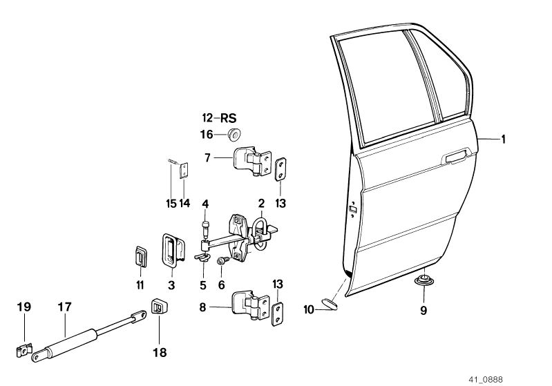 Bildtafel Tür hinten - Scharnier/Türbremse für die BMW Classic Teile  Original BMW Ersatzteile aus dem elektronischen Teilekatalog (ETK) für BMW Kraftfahrzeuge( Auto)    Abdeckung, Bolzen, Dichtung Türbremse, Distanzscheibe, Gewindeplatte, Reparatursatz S