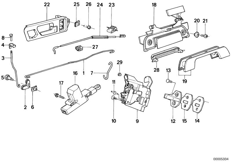 Bildtafel Türbetätigung/Türschloss hinten für die BMW Classic Teile  Original BMW Ersatzteile aus dem elektronischen Teilekatalog (ETK) für BMW Kraftfahrzeuge( Auto)    Betätigungsstange rechts, Blende hinten, Bowdenzug rechts, Bundschraube, Clipmutter, D