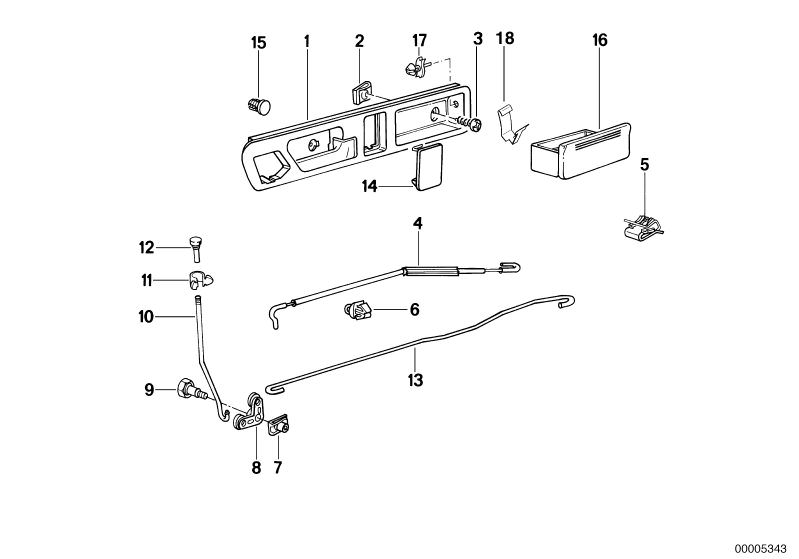 Picture board Locking system, door, rear for the BMW Classic parts  Original BMW spare parts from the electronic parts catalog (ETK) for BMW motor vehicles (car)   Ashtray, BOWDEN CABLE RIGHT, Cable holder, Cap, Clamp, Clip nut, Collar screw, Cover, Door 