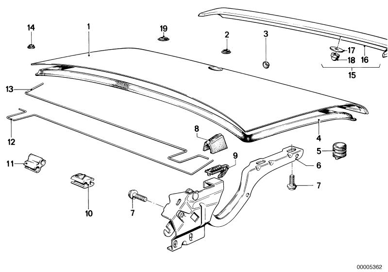 Illustration du SINGLE COMPONENTS FOR TRUNK LID pour les BMW Classic parts  Pièces de rechange d'origine BMW du catalogue de pièces électroniques (ETK) pour véhicules automobiles BMW (voiture)   Blind plug, Hex Bolt with washer, HINGE RIGHT, Mounting, Sto