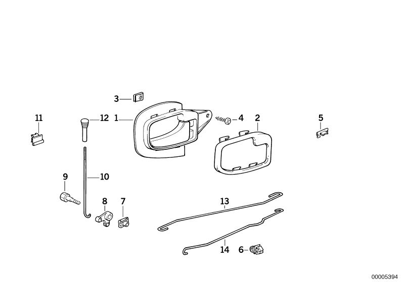 Picture board Locking system, door, rear for the BMW Classic parts  Original BMW spare parts from the electronic parts catalog (ETK) for BMW motor vehicles (car)   Body nut, Clamp, Clip nut, Connection rod, Covering right, Door handle, inside left, Expand