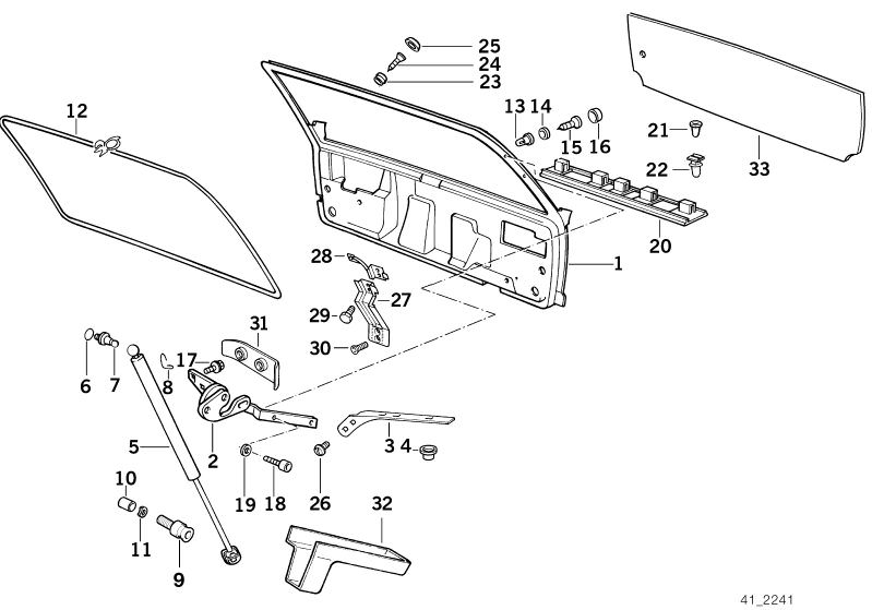 Picture board SINGLE COMPONENTS FOR TRUNK LID for the BMW Classic parts  Original BMW spare parts from the electronic parts catalog (ETK) for BMW motor vehicles (car)   BALL HEAD BOLT, Ball pin, BAR RIGHT, Clamp, Cover, Covering cap, Covering left, Fillis