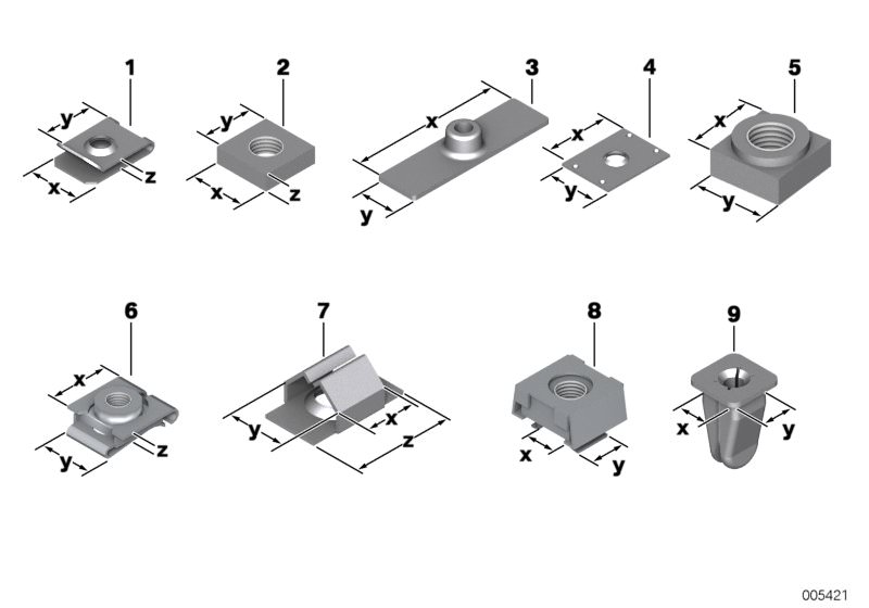 Picture board Mechanical connection elements for the BMW 7 Series models  Original BMW spare parts from the electronic parts catalog (ETK) for BMW motor vehicles (car)   Body nut, Cage nut, Expanding nut, Nut, Nut holder, Prestol-cage, Square nut, WELDING
