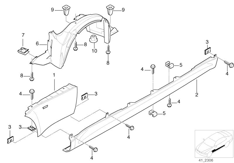 Bildtafel Seitenwand Einstieg vorn für die BMW Z Modelle  Original BMW Ersatzteile aus dem elektronischen Teilekatalog (ETK) für BMW Kraftfahrzeuge( Auto)    Abdeckung Radhaus vorne rechts, Blechmutter, Einstieg aussen links, Hutmutter, Prestol Käfig, Sec