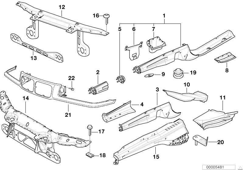 Bildtafel Vorderbau Einzelteile für die BMW Classic Teile  Original BMW Ersatzteile aus dem elektronischen Teilekatalog (ETK) für BMW Kraftfahrzeuge( Auto)    Aufnahme Pralldämpfer, Aufnahme Stabilisator rechts, Befestigungsbock Kühler rechts, Frontverkle