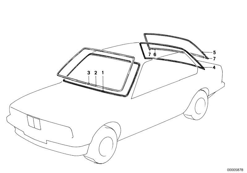 Illustration du Pièces accolées vitrage pour les BMW Classic parts  Pièces de rechange d'origine BMW du catalogue de pièces électroniques (ETK) pour véhicules automobiles BMW (voiture)   Cup, MOULDING LOWER, MOULDING UPPER, Trim strip, WEATHERSTRIP