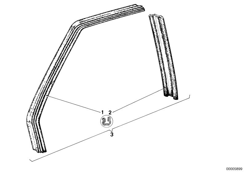 Illustration du Guide-vitre avant pour les BMW Classic parts  Pièces de rechange d'origine BMW du catalogue de pièces électroniques (ETK) pour véhicules automobiles BMW (voiture)   LEFT ONE-PIECE WINDOW GUIDE