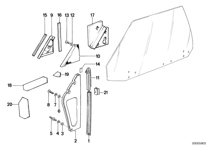 Illustration du Guide-vitre avant pour les BMW Classic parts  Pièces de rechange d'origine BMW du catalogue de pièces électroniques (ETK) pour véhicules automobiles BMW (voiture)   Clamp, Covering left, Fillister head self-tapping screw, FRONT LEFT WINDOW