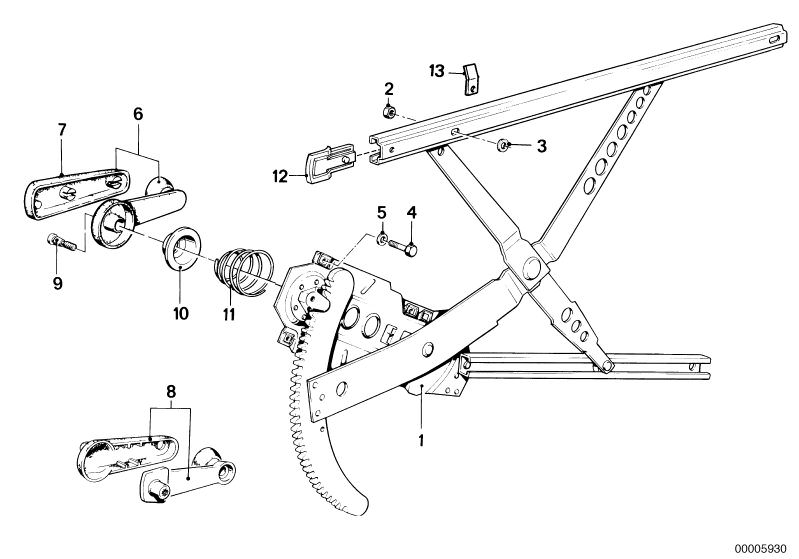 Illustration du DOOR WINDOW LIFTING MECHANISM FRONT pour les BMW Classic parts  Pièces de rechange d'origine BMW du catalogue de pièces électroniques (ETK) pour véhicules automobiles BMW (voiture)   CONICAL SCREW, CONICAL SPRING, CRANK,WINDOW LIFTER, Hex 