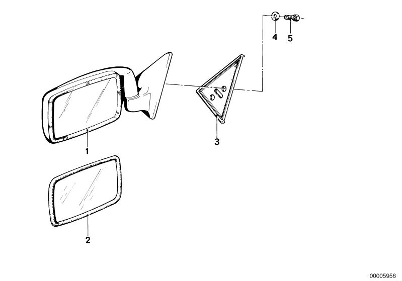 Illustration du Rétroviseurs extérieurs pour les BMW Classic parts  Pièces de rechange d'origine BMW du catalogue de pièces électroniques (ETK) pour véhicules automobiles BMW (voiture)   EXTERIOR MIRROR RIGHT, GASKET RIGHT, Hex Bolt, MIRROR GLASS (CO-DRIV