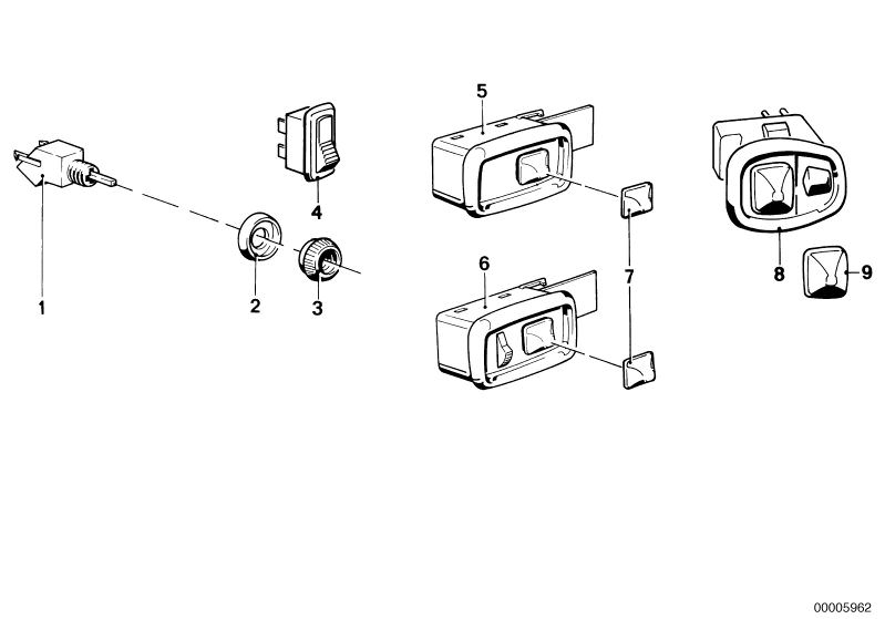 Illustration du SWITCH ELECTR. EXTERIOR MIRROR pour les BMW Classic parts  Pièces de rechange d'origine BMW du catalogue de pièces électroniques (ETK) pour véhicules automobiles BMW (voiture)   KNOB, SWITCH EXTERIOR MIRROR, MIRROR SWITCH WITH CHANGE-OVER 