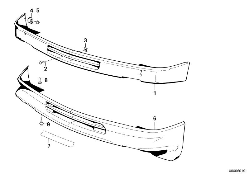 Picture board FRONT SPOILER for the BMW Classic parts  Original BMW spare parts from the electronic parts catalog (ETK) for BMW motor vehicles (car)   Clamping bolt, Expanding nut, Front apron, Hex head screw, INSTALLING SET SPOILER FRONT, Plastic nut, Pl