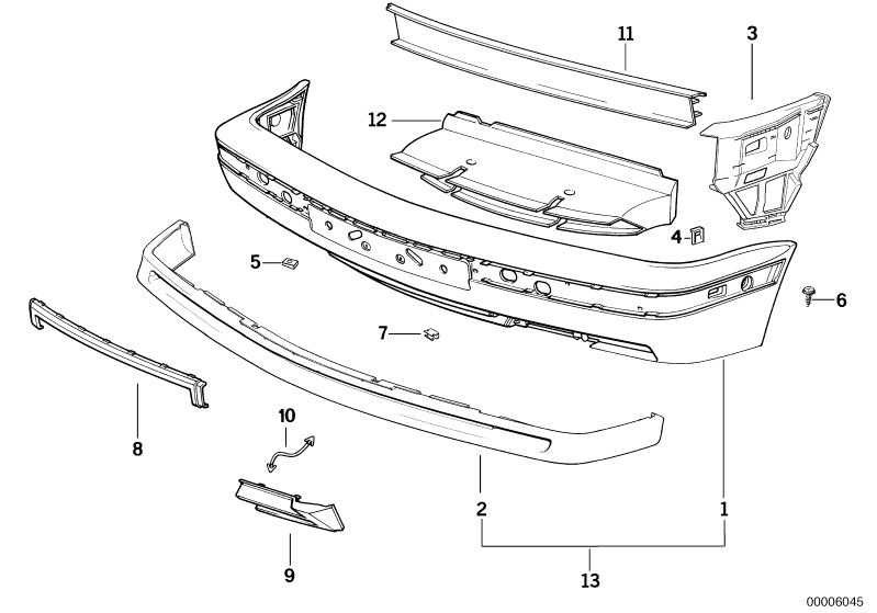 Bildtafel Verkleidung Stossfänger vorn M Technic für die BMW Classic Teile  Original BMW Ersatzteile aus dem elektronischen Teilekatalog (ETK) für BMW Kraftfahrzeuge( Auto)    Abdeckung, Abdeckung rechts, Blechmutter, Halteband, Keil, Klammer, Linsenblech