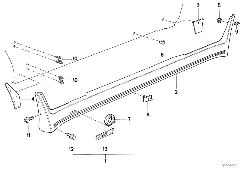 Picture board M trim, sill / wheel arch for the BMW Classic parts  Original BMW spare parts from the electronic parts catalog (ETK) for BMW motor vehicles (car)   Adhesive tape, Clamp, Drilling template, Expanding rivet, Grommet, Hex head screw, Screw, se