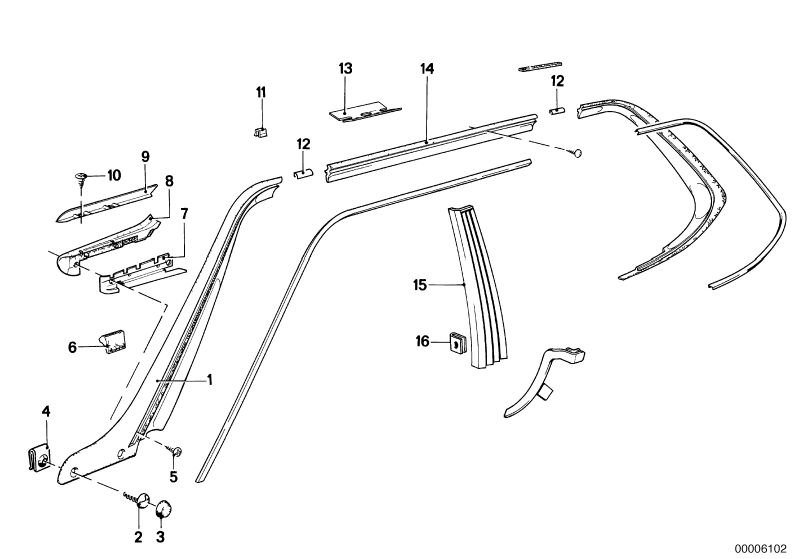 Illustration du Enjoliveurs ext. / Grille de décor pour les BMW Classic parts  Pièces de rechange d'origine BMW du catalogue de pièces électroniques (ETK) pour véhicules automobiles BMW (voiture)   Body nut, Bracket, left, Bracket, right, CLAMPING RIGHT, 