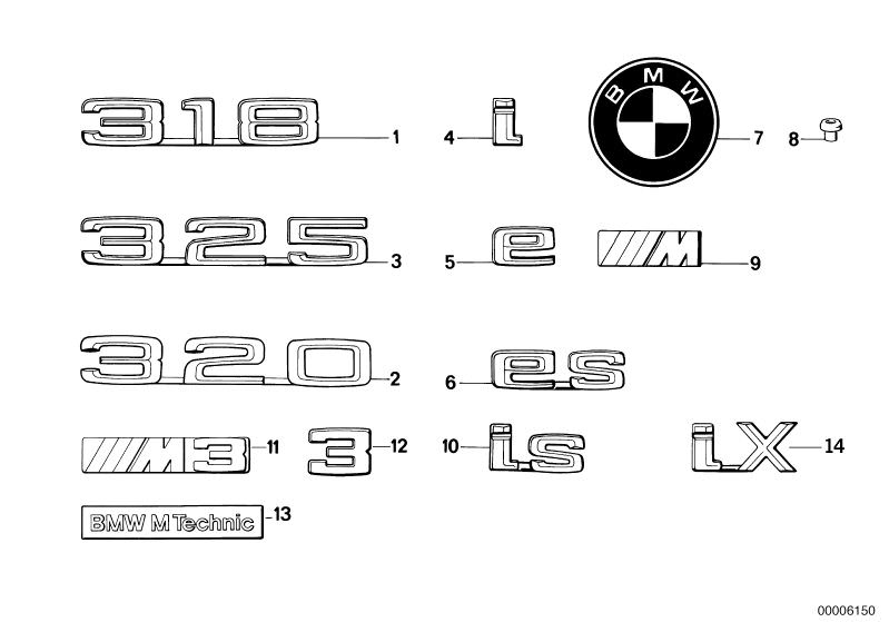 Illustration du Emblèmes / plaques pour les BMW Classic parts  Pièces de rechange d'origine BMW du catalogue de pièces électroniques (ETK) pour véhicules automobiles BMW (voiture)   EMBLEM ADHERED, EMBLEM ADHERED REAR, Grommet, LETTER ´´E´´, LETTER ´´M3´´