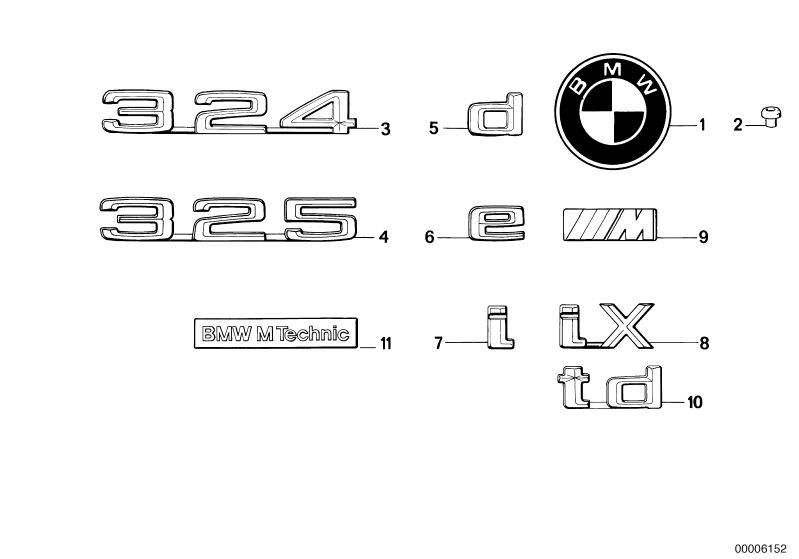 Illustration du Emblèmes / plaques pour les BMW Classic parts  Pièces de rechange d'origine BMW du catalogue de pièces électroniques (ETK) pour véhicules automobiles BMW (voiture)   EMBLEM ADHERED, EMBLEM ADHERED REAR, Grommet, LETTER ´´E´´, LETTER ´´M´´ 