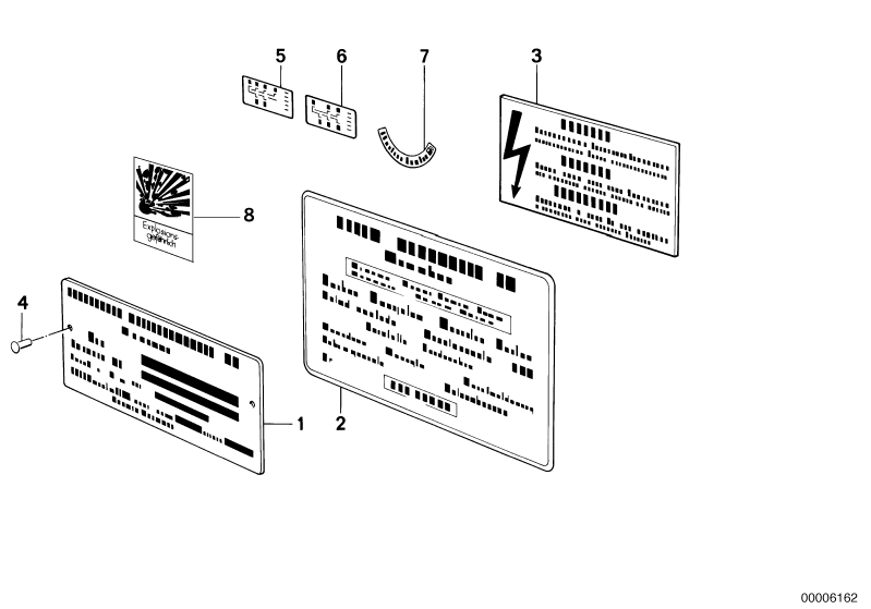 Picture board Information plate for the BMW Classic parts  Original BMW spare parts from the electronic parts catalog (ETK) for BMW motor vehicles (car)   Blind rivet, LABEL ´´RUN-IN INSTRUCTION´´, LABEL ´´TRANSISTORIZED IGNITION´´, Type plate