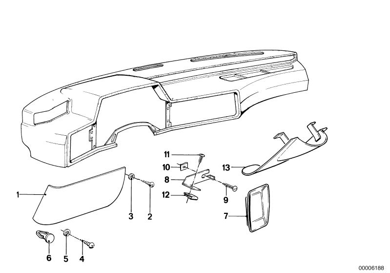 Illustration du Habillage tableau de bord inferieur pour les BMW Classic parts  Pièces de rechange d'origine BMW du catalogue de pièces électroniques (ETK) pour véhicules automobiles BMW (voiture)   Body nut, Clamp, Cover, Fillister head self-tapping scre