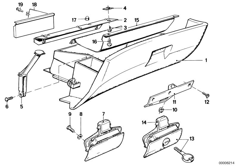 Picture board GLOVE BOX for the BMW Classic parts  Original BMW spare parts from the electronic parts catalog (ETK) for BMW motor vehicles (car)   Blind plug, Cap nut, Catch, Expanding rivet, Fillister head screw, Fillister head self-tapping screw, GLOVE 